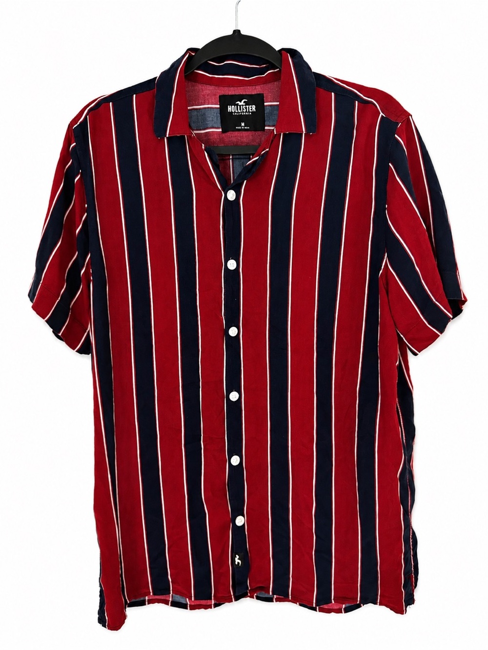 Hollister Men’s Vertical Strip Button Down Shirt Red Navy Blue Viscose Coastal M
